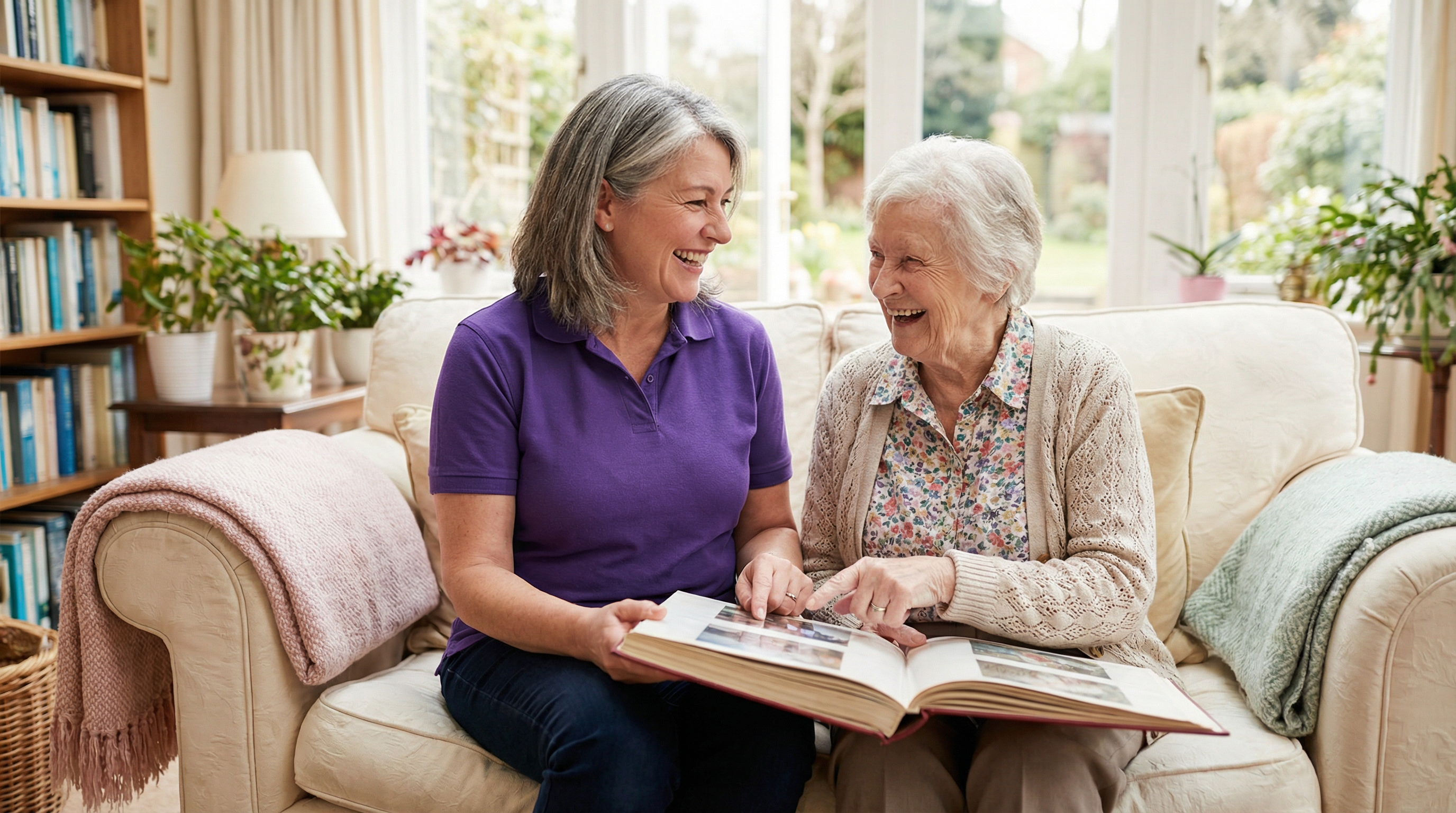 Carer and elderly lady laughing together